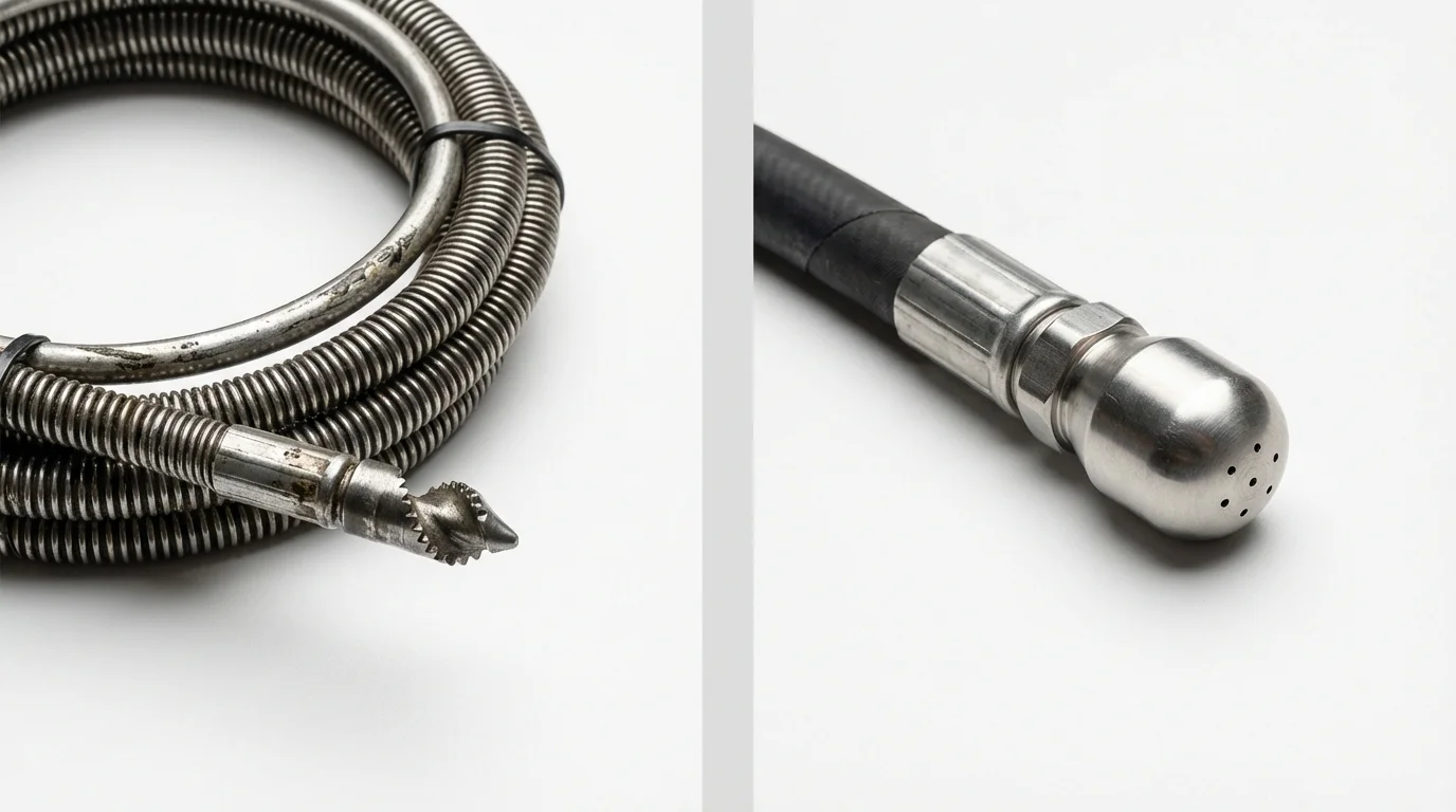 Drain snake cable and hydro jetting nozzle used for drain cleaning in Port Washington, NY
