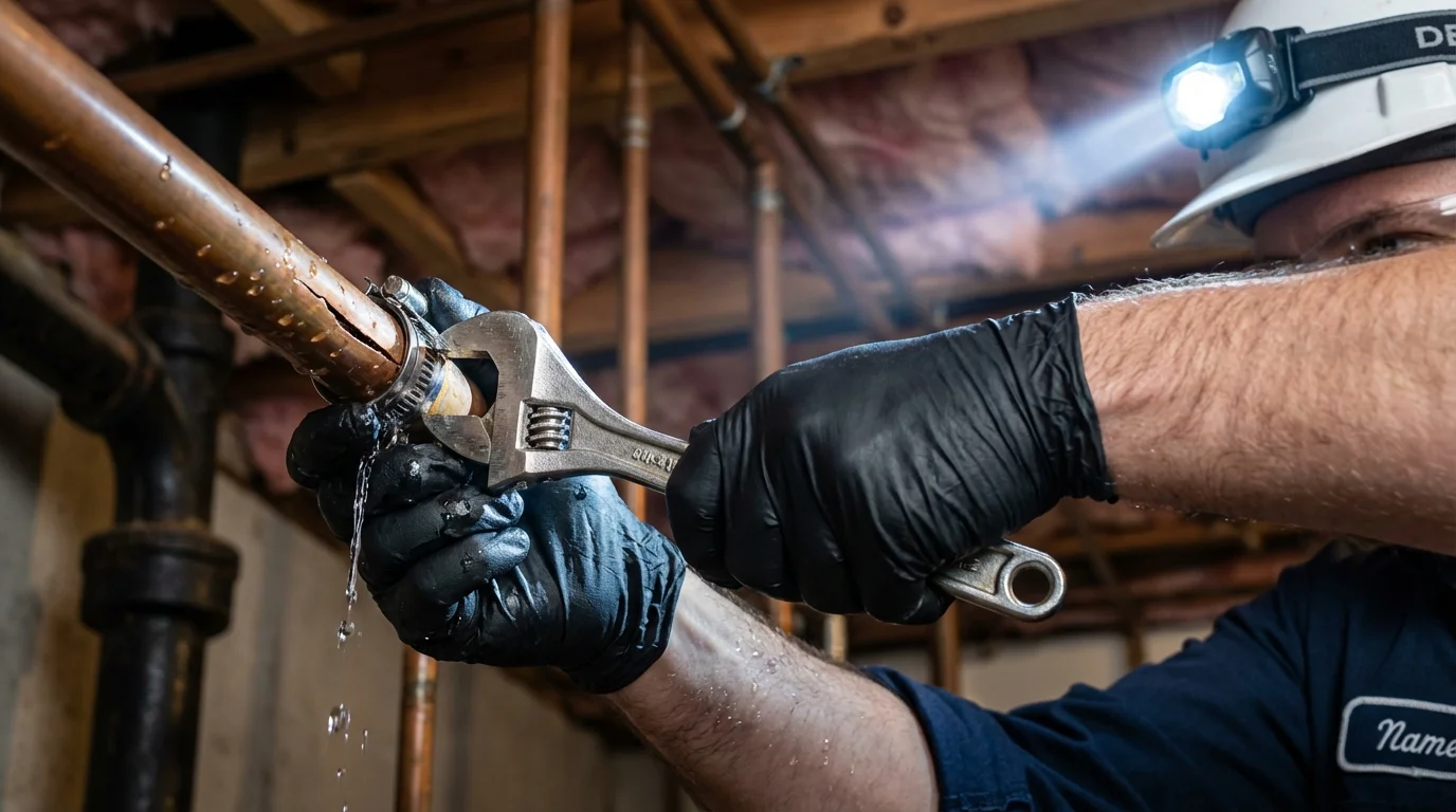 Emergency pipe clamp repair being performed by a Johns Plumbing LLC plumber in Port Washington