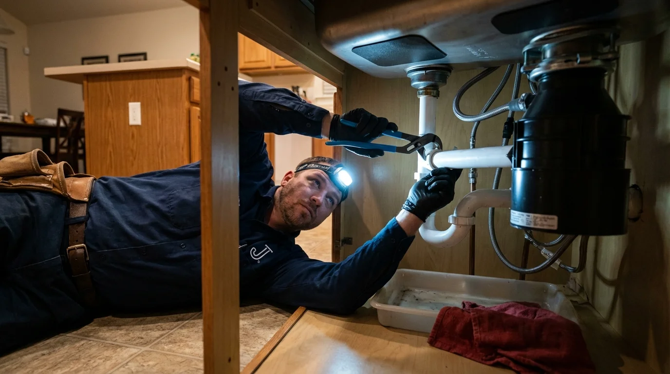 P-trap and supply line connections under a kitchen sink showing a common leak point in Port Washington, NY